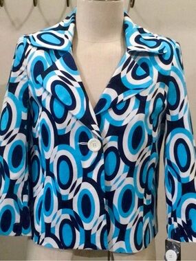 1370 CHAPTER ONE Blue and White Geometric Print Embellished Blazer